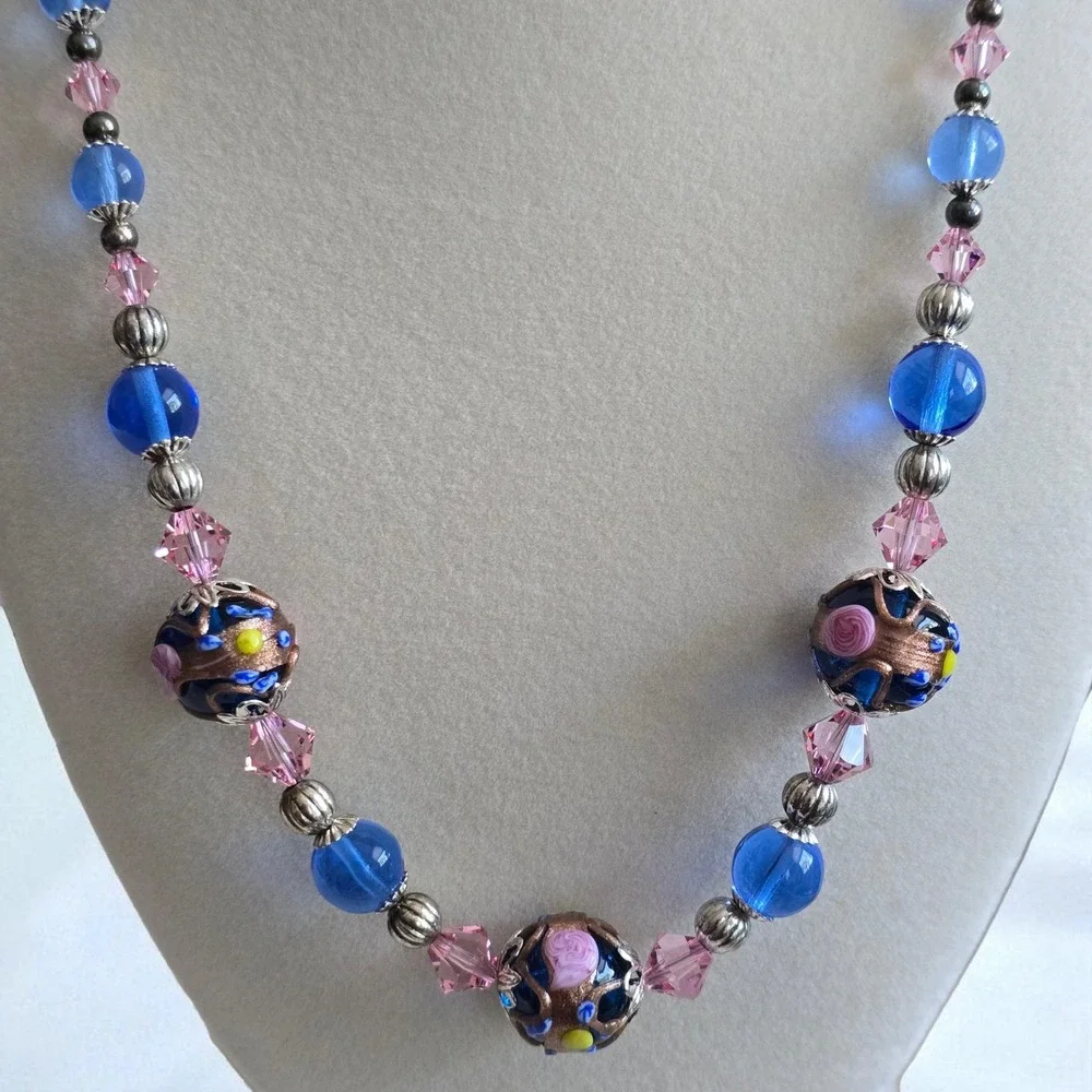Murano Glass Wedding Cake Bead Necklace Sterling 925 Blue Pink Venetian Lampwork